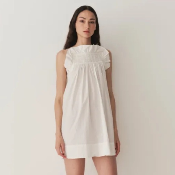 NWT Doen Lynette Cotton Poplin Ruffle Trim Baby Doll Mini Dress Salt - Picture 2 of 10